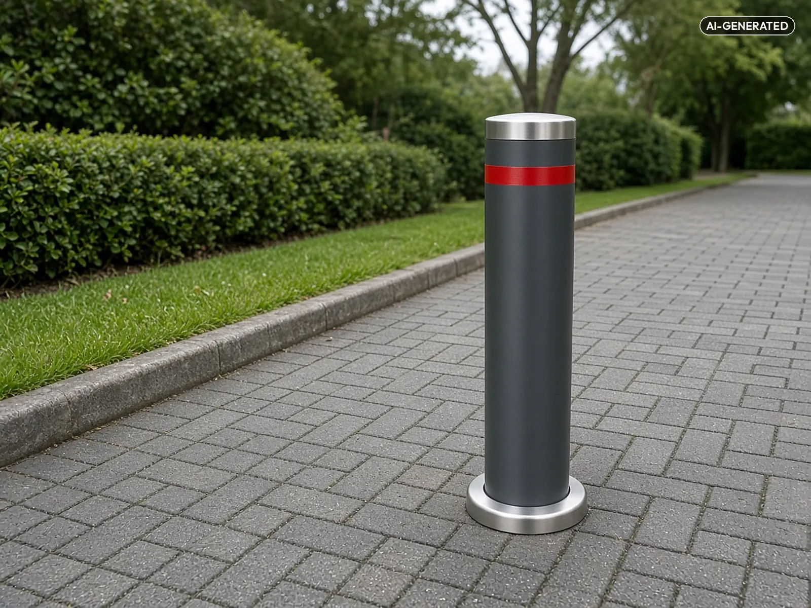 Automatic rising security bollard raised at the entrance to a block-paved private road beside a kerb and hedge (AI-generated illustration)