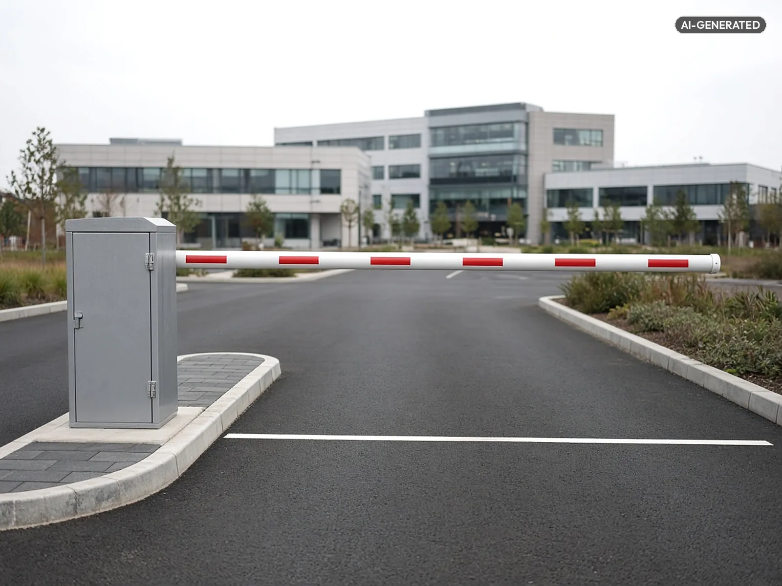 Automatic rising-arm barrier with its red and white boom lowered across a business park entrance lane (AI-generated illustration)
