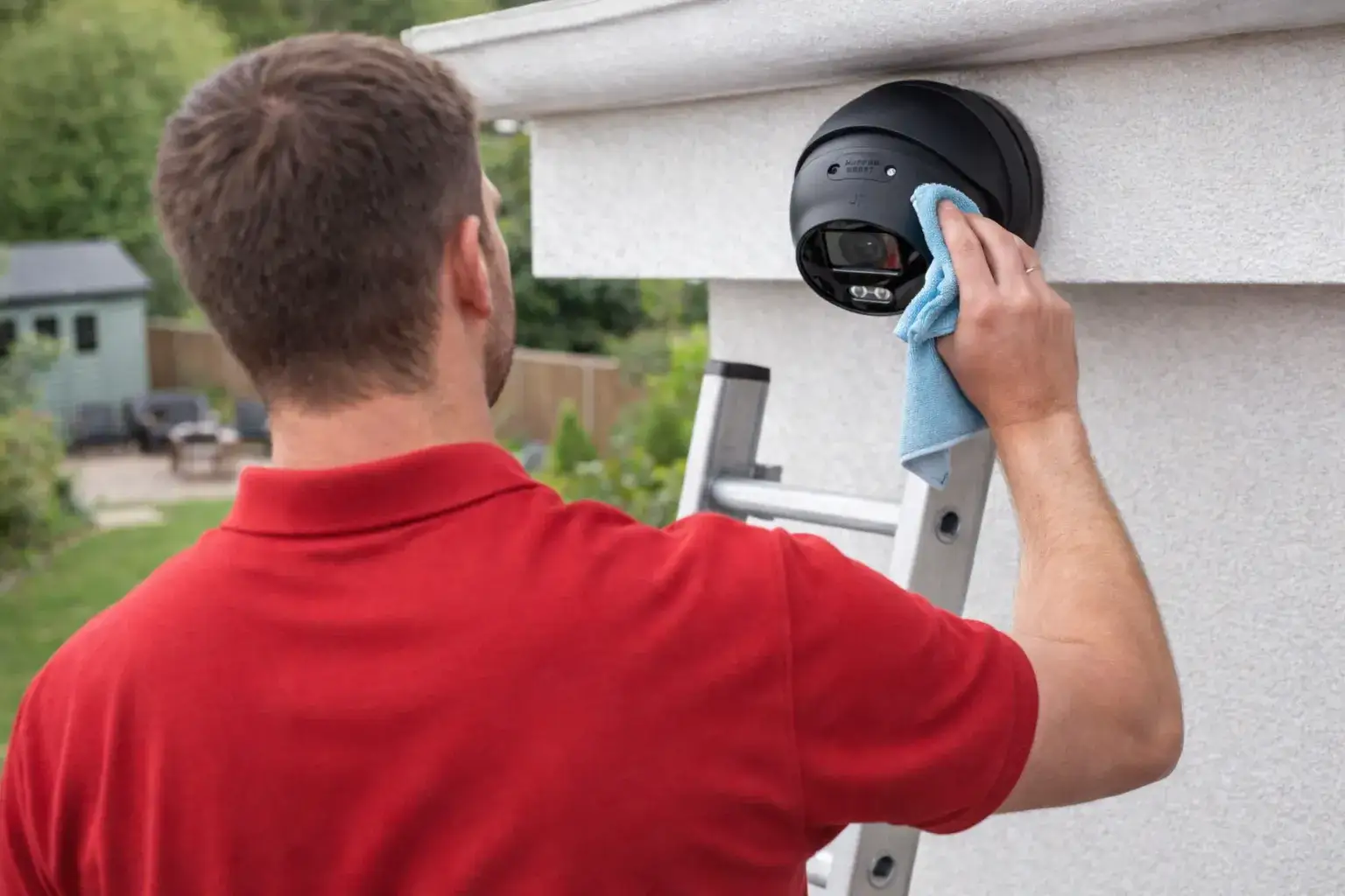 Engineer cleaning CCTV Camera