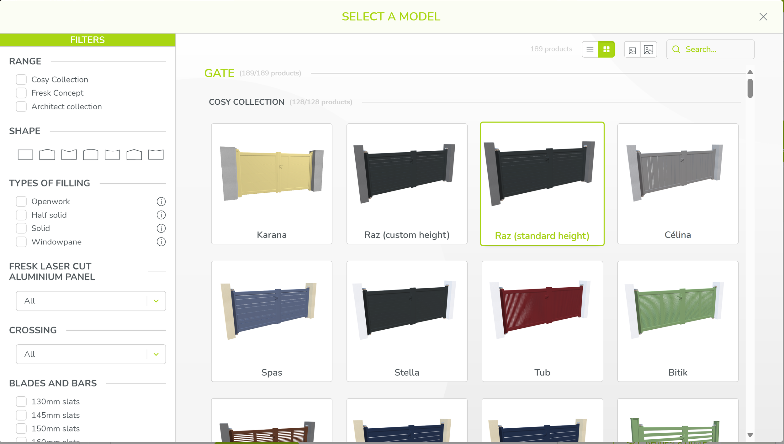 Style selection screen showing modular and full suite options